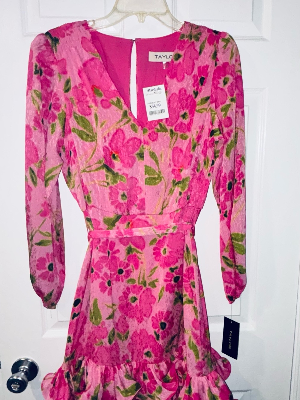 TAYLOR Bright Pink Floral Long-Sleeve V-Neck Ruffle Dress